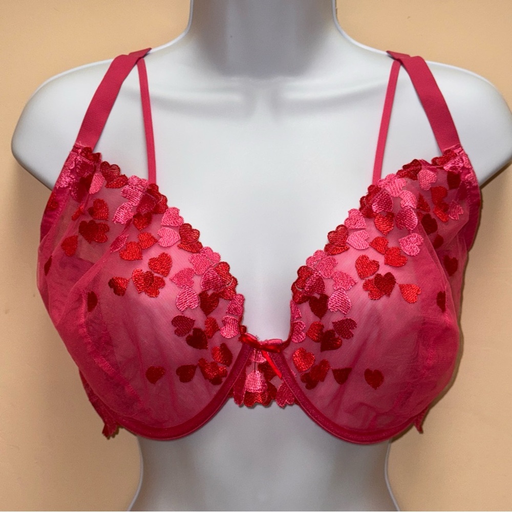 Love Vera Elegant Pink Lace Embroidered Heart Strappy Underwire Bra Womens 42DD